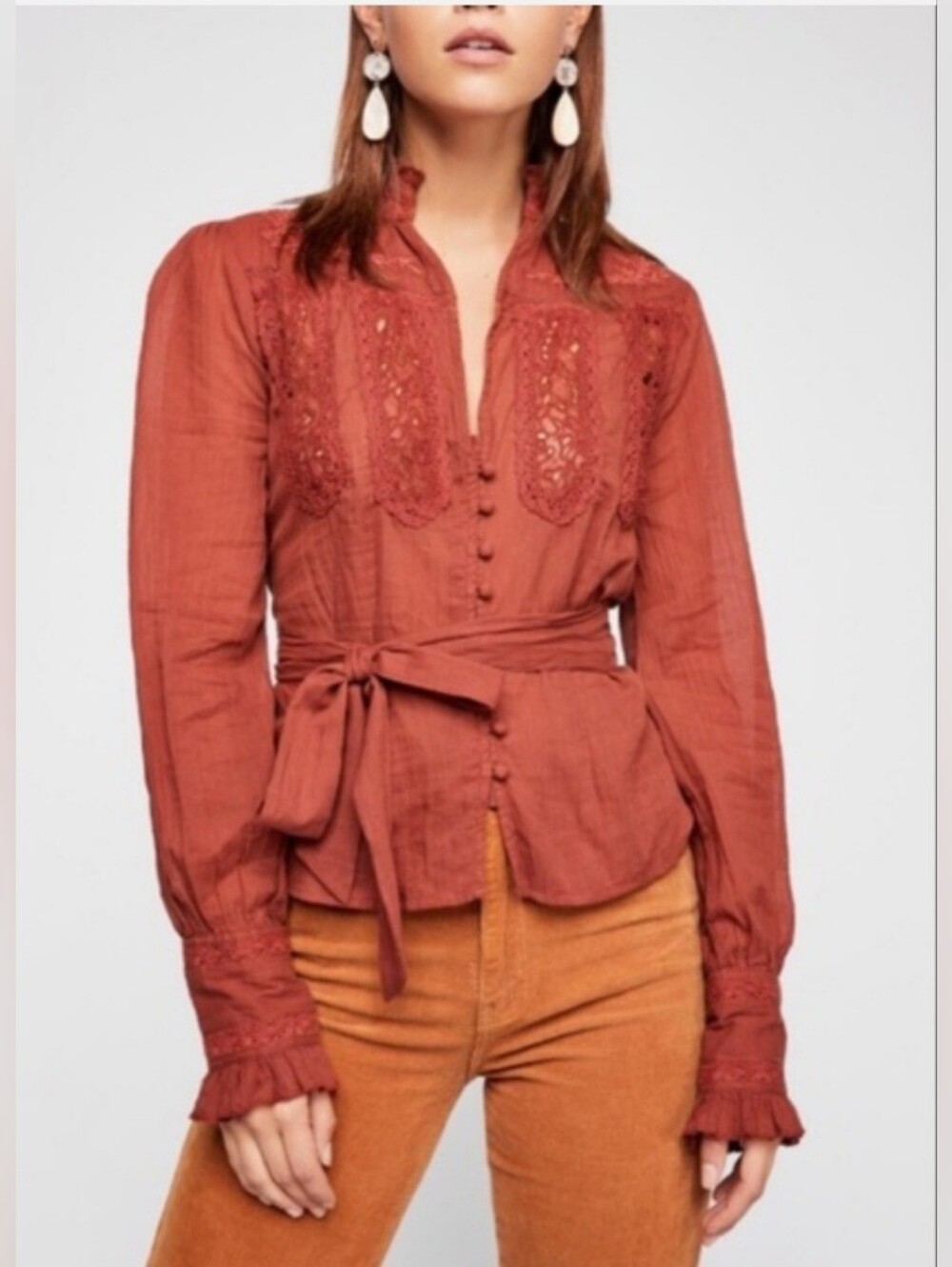 Free People Rust Lace-Trim Button Front Tie-Waist Blouse